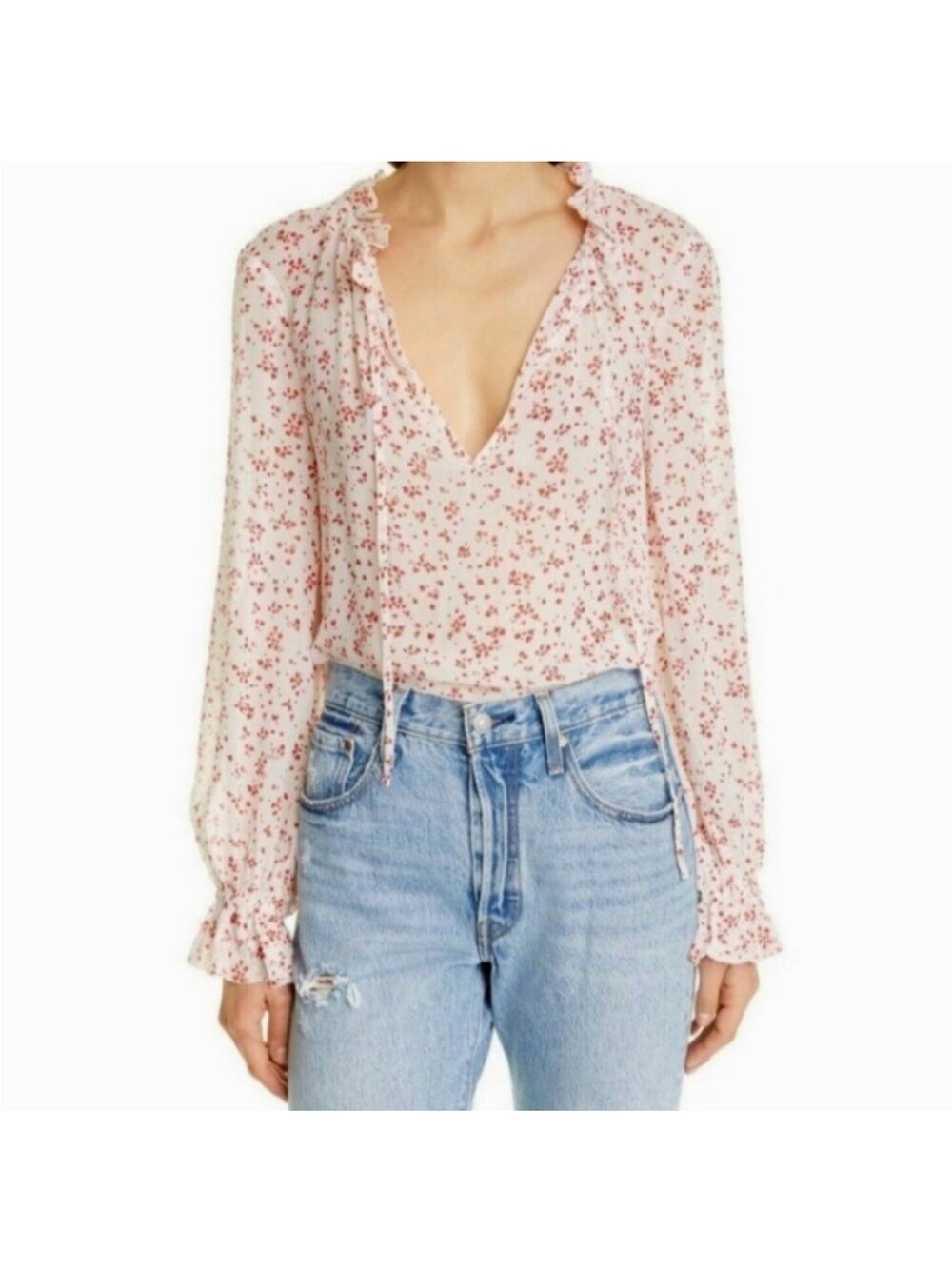 GANNI Georgette cream and red floral sheer ruffle trim top size 40 or US Large